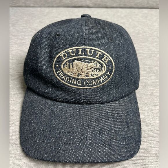 Duluth Trading Company Hat Cap Denim Strap Back Fleece Lined Brown Bear Logo - Picture 1 of 7